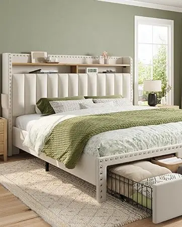 King Size Bed Frame with Storage and Headboard, Upholstered King Bed Frame with Storage, Grey King Bed Frame w 2 Drawers