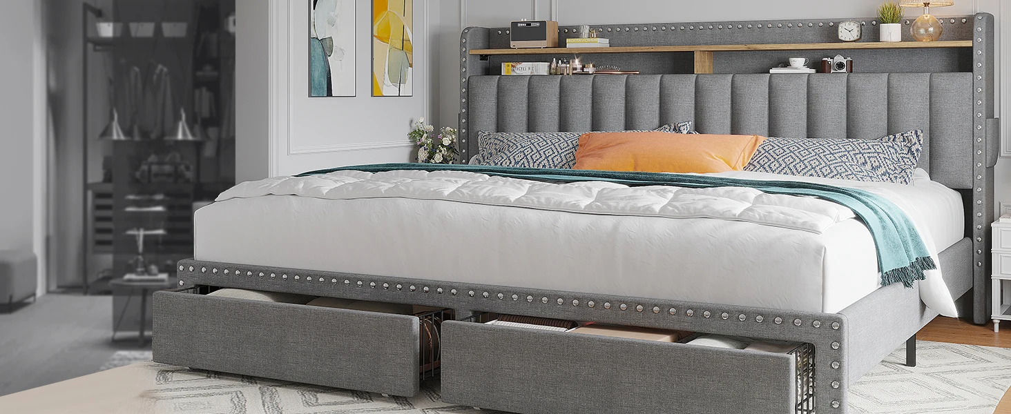 King Size Bed Frame with Storage and Headboard, Upholstered King Bed Frame with Storage, Grey King Bed Frame w 2 Drawers