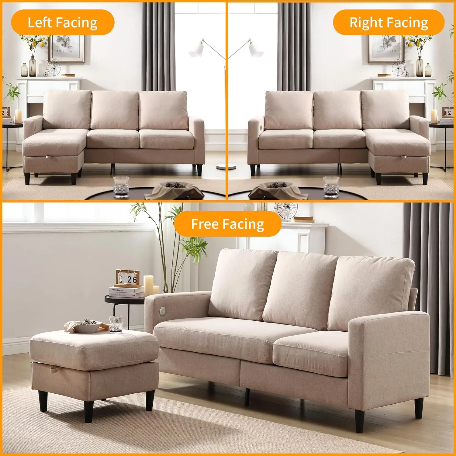 Convertible Sectional Linen Sofa for Living Room Apartment, L-Shaped Couch 3 Seats Sofas w/Storage Chaise & Charging Port, Beige