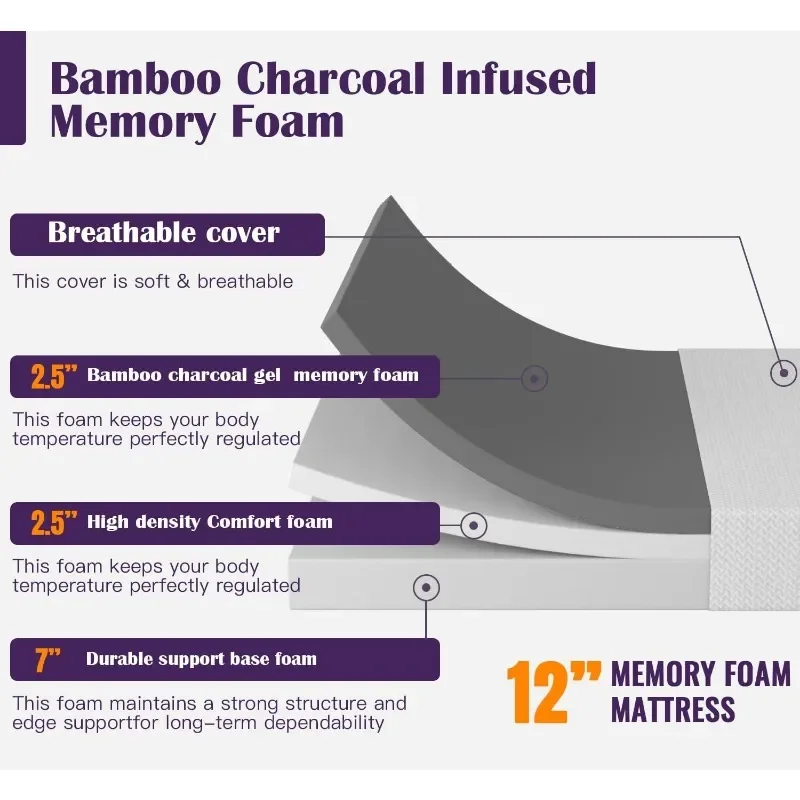 Memory Foam Mattress Cooling Gel Bamboo Charcoal Infused Mattress 8 inch Mattress CertiPUR-US Certified Breathable Bed