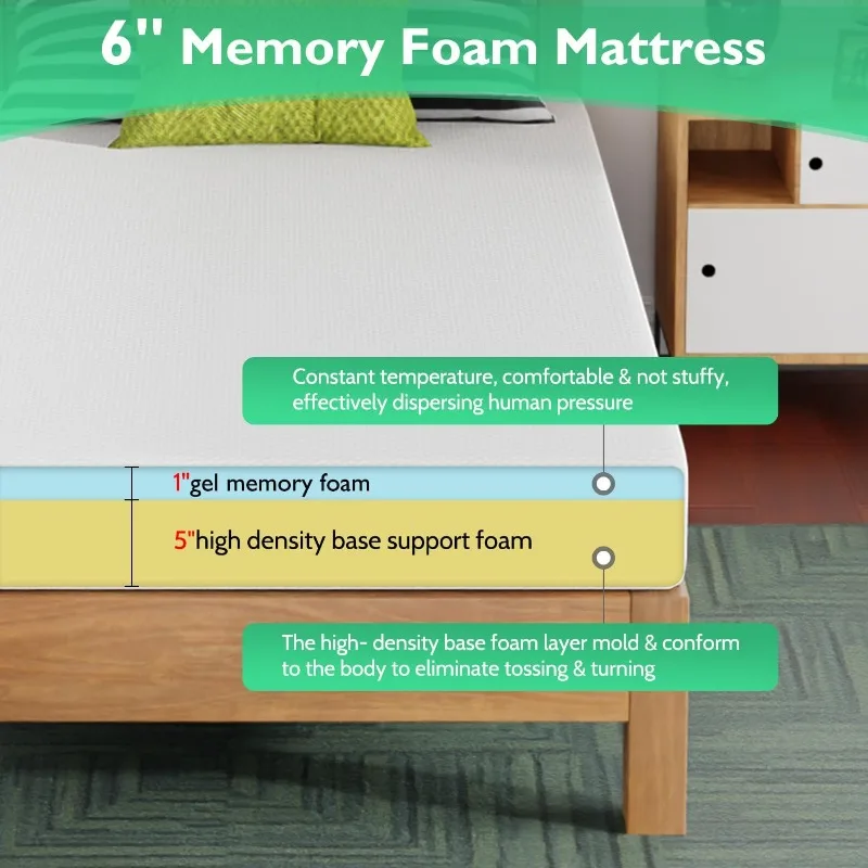 6/8/10/12 inch Gel Memory Foam Mattress for Cool Sleep & Pressure Relief, Medium Firm Mattresses CertiPUR-US Certified