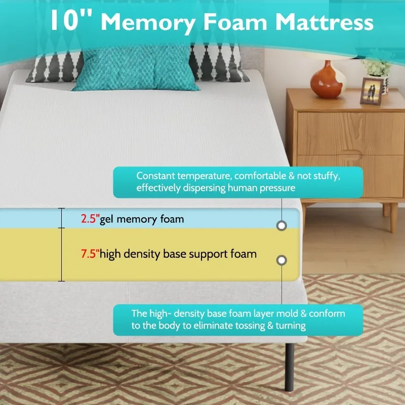 6/8/10/12 inch Gel Memory Foam Mattress for Cool Sleep & Pressure Relief, Medium Firm Mattresses CertiPUR-US Certified