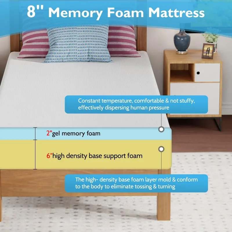 6/8/10/12 inch Gel Memory Foam Mattress for Cool Sleep & Pressure Relief, Medium Firm Mattresses CertiPUR-US Certified