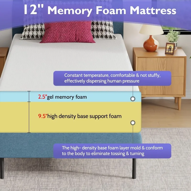 6/8/10/12 inch Gel Memory Foam Mattress for Cool Sleep & Pressure Relief, Medium Firm Mattresses CertiPUR-US Certified