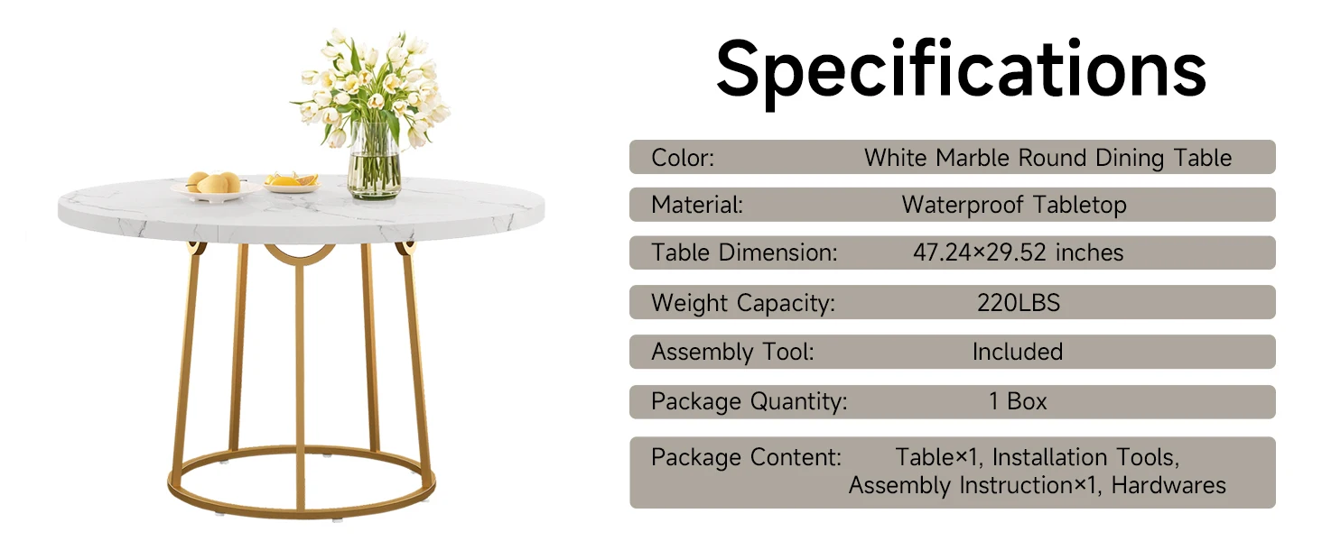 Round Dining Table 47.24 Inch Kitchen Table for 4 People Wooden Marble Pattern Dinner Room Table with Gold Base for Home office