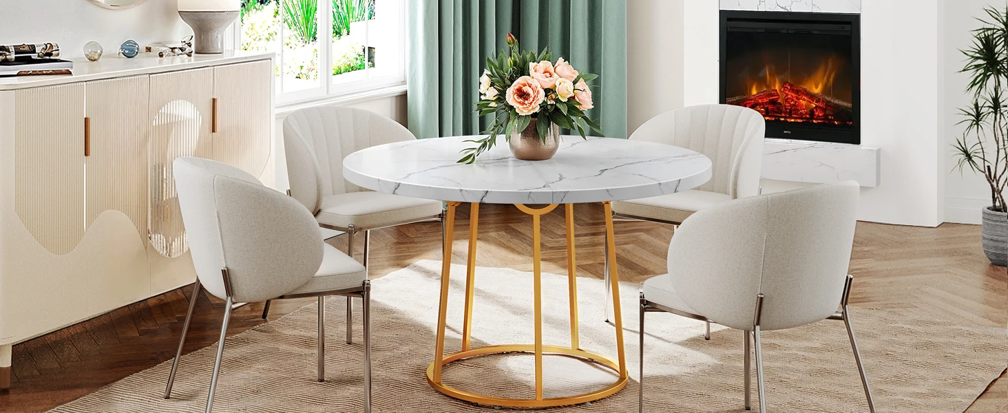 Round Dining Table 47.24 Inch Kitchen Table for 4 People Wooden Marble Pattern Dinner Room Table with Gold Base for Home office