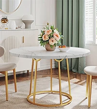 Round Dining Table 47.24 Inch Kitchen Table for 4 People Wooden Marble Pattern Dinner Room Table with Gold Base for Home office