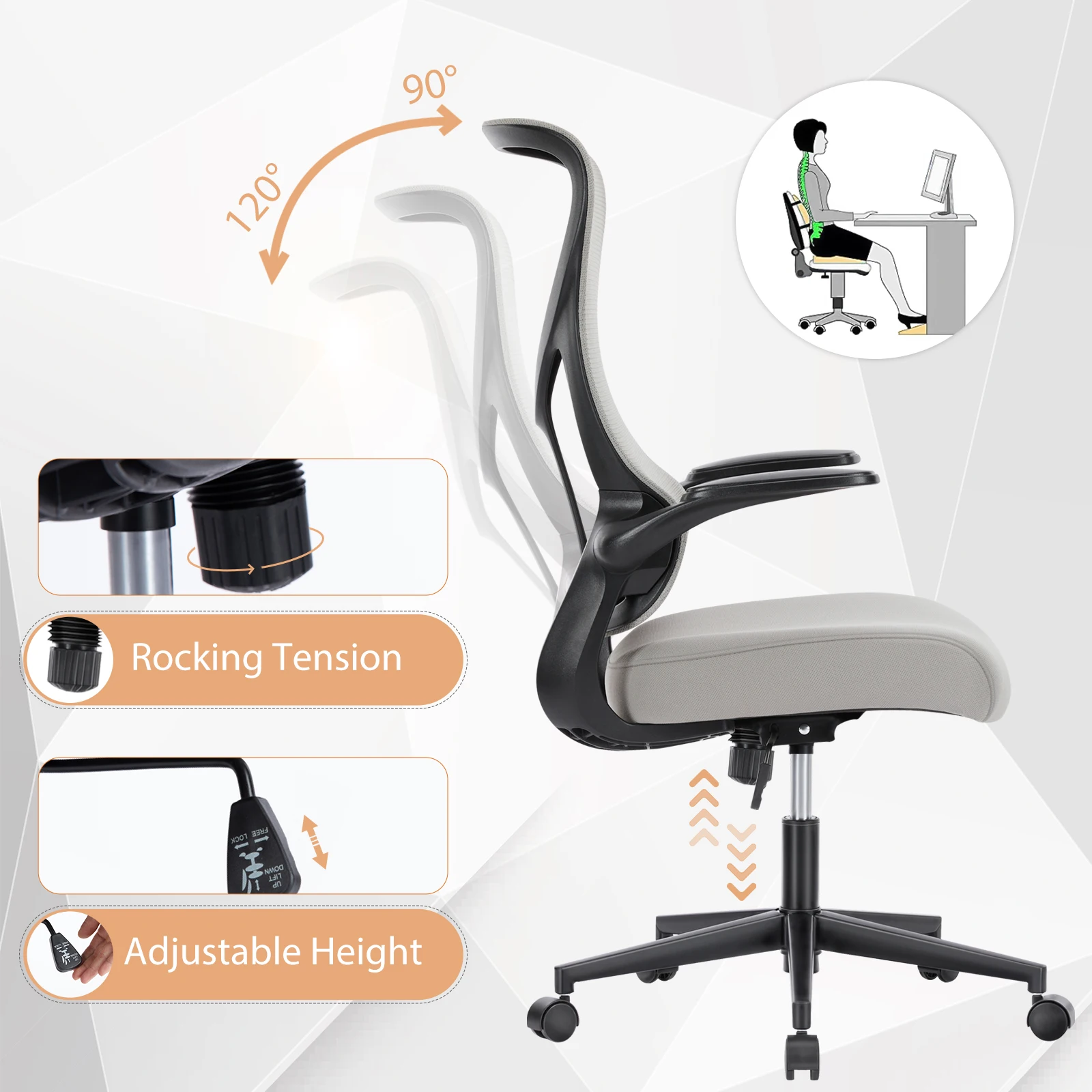 JHK Ergonomic Mesh Lumbar Support Office Desk Computer Chair High Back Swivel Rolling Gaming Chairs With Wheels And Flip-up Arms