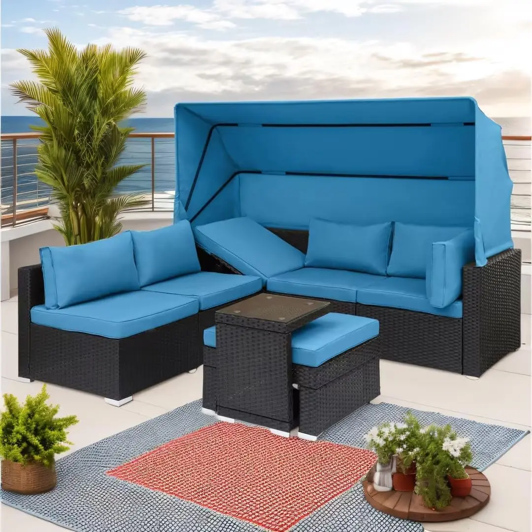 7 Pieces Patio Furniture Sets Daybed with Retractable Canopy,Rattan Sectional Sofa Set, Wicker Patio Seating Chairs