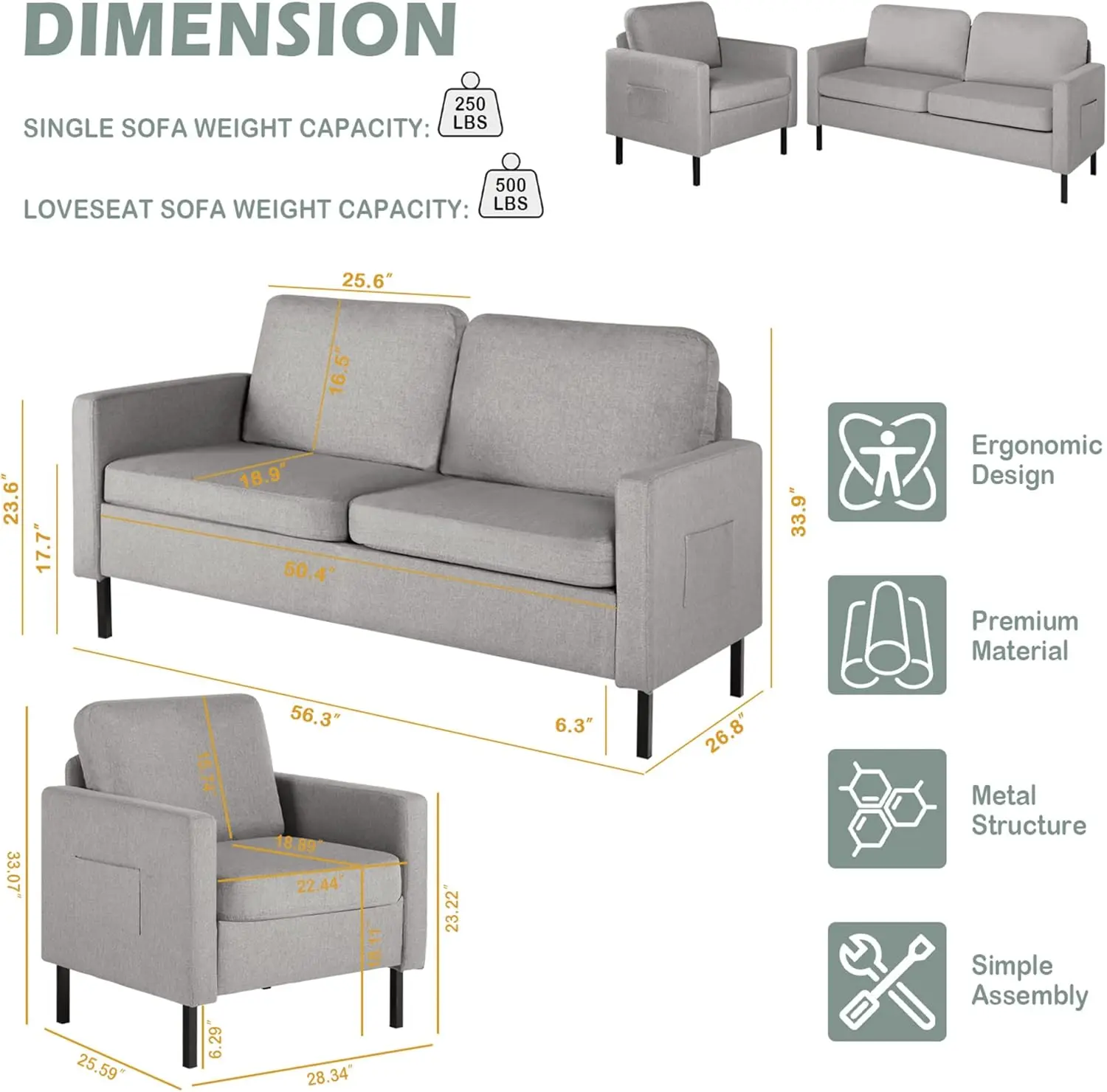 Sectional Sofa Set Couches Sofas Living Room Furniture Sets, Loveseat/Sofa/Set with USB & Accent Chair