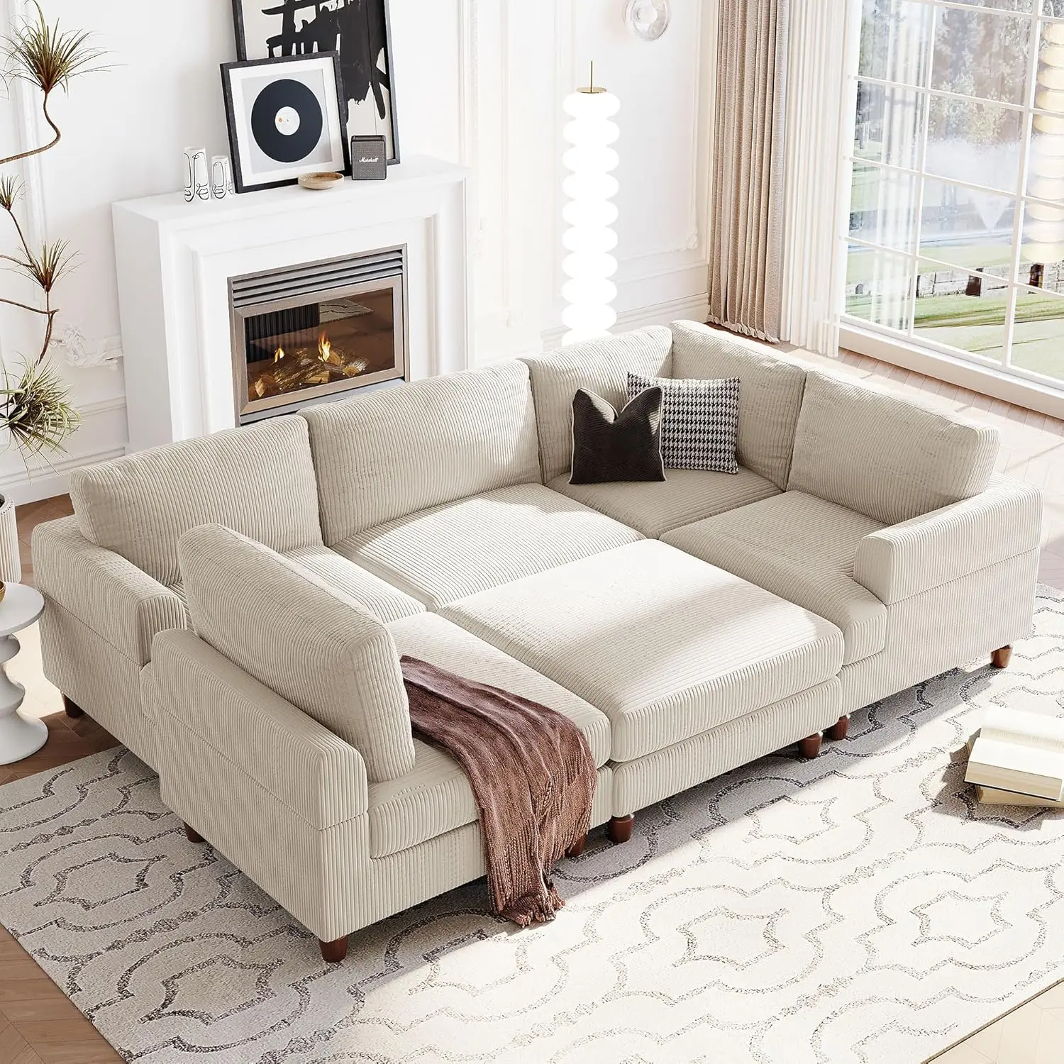 Combination Convertible Modular Sofa with Reversible Chaise,Corduroy Upholstery L-Shaped Corner Couch, Sleep Couches Sofabed